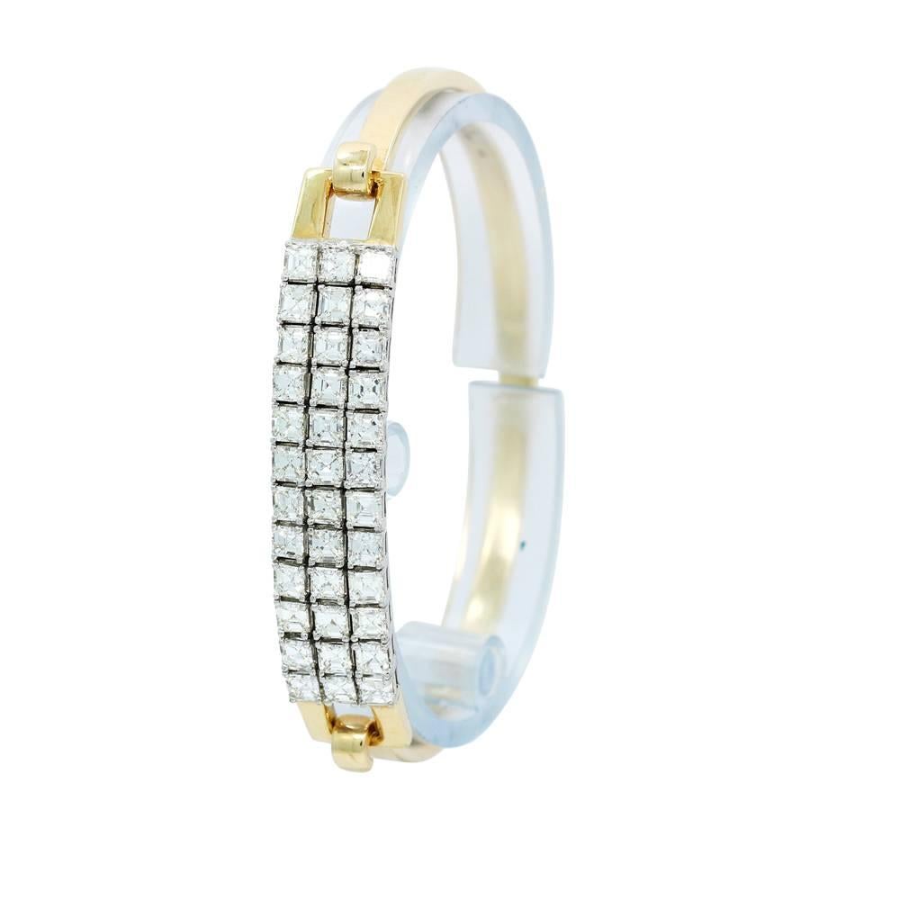 Women's White and Yellow Gold Asscher Cut Diamonds Bangle Bracelet For Sale