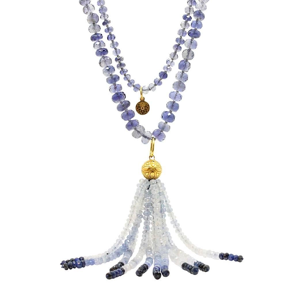 20K Buddha Mama Tassel Drop Necklace With Iolite and Blue Sapphires With a Total Carat Weight Of 0.84ct and 20K 
