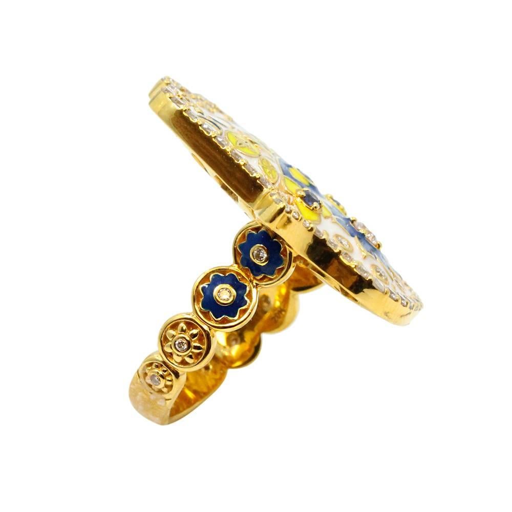 Buddha Mama White Enamel Yellow Gold Hamsa Ring In New Condition For Sale In Naples, FL