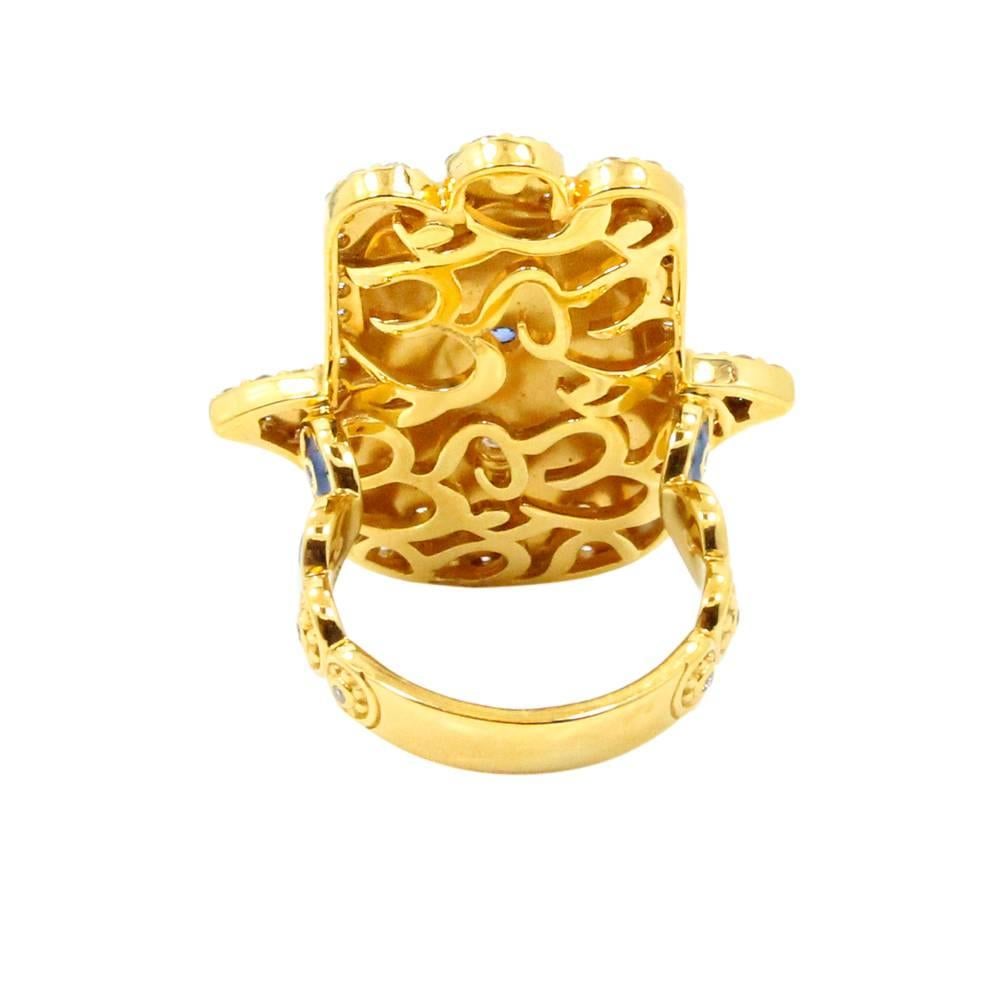 Buddha Mama White Enamel Yellow Gold Hamsa Ring For Sale 1