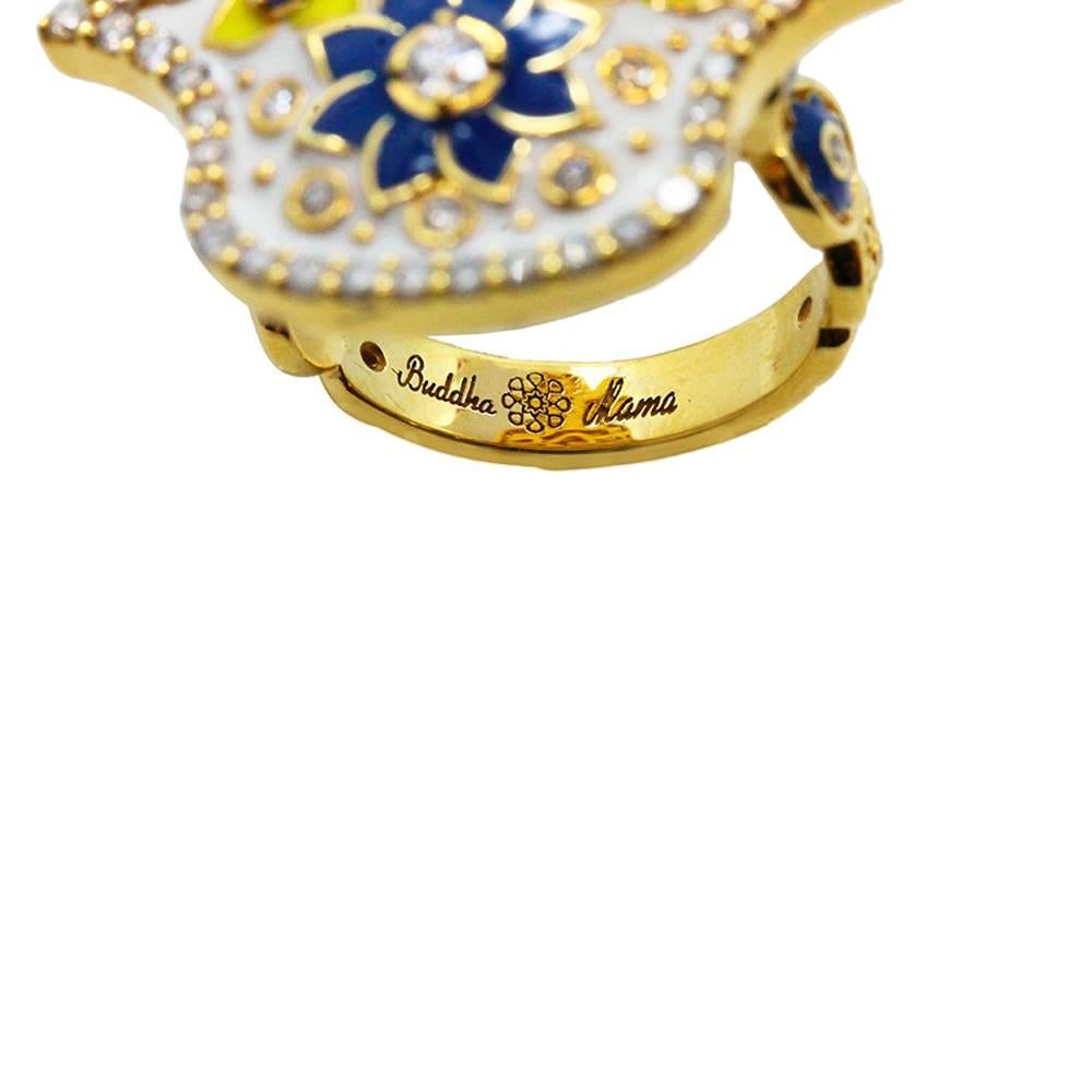 Buddha Mama White Enamel Yellow Gold Hamsa Ring For Sale 2