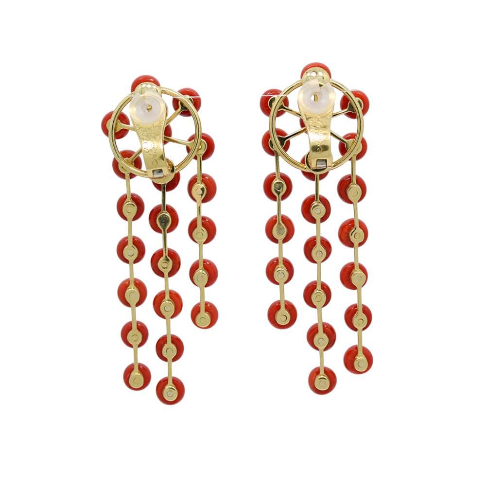Mediterranean Coral Yellow Gold Beaded Dream Catcher Earrings  In Excellent Condition For Sale In Naples, FL