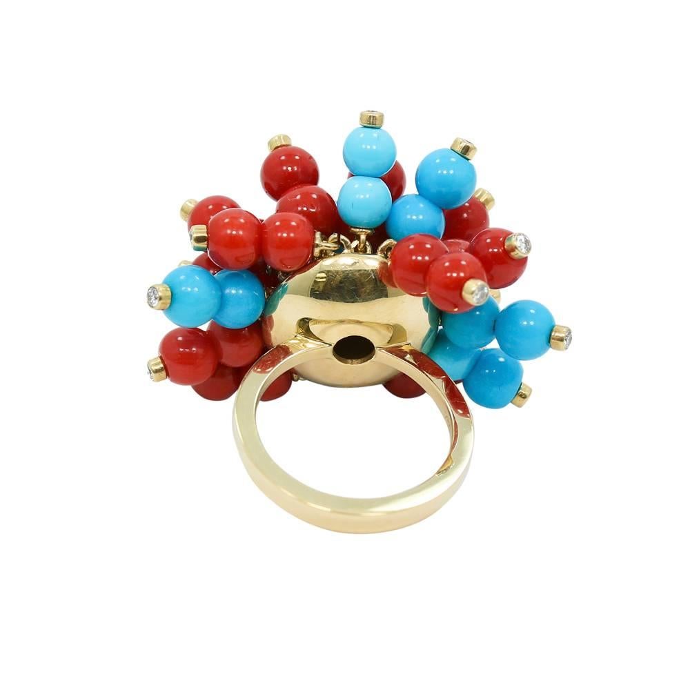 Coral Turquoise Yellow Gold Beaded Ring In Excellent Condition For Sale In Naples, FL