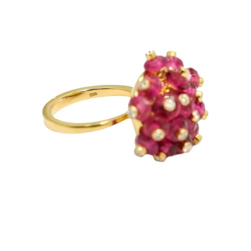 Rubelite Diamond Yellow Gold Beaded Ring In Excellent Condition For Sale In Naples, FL