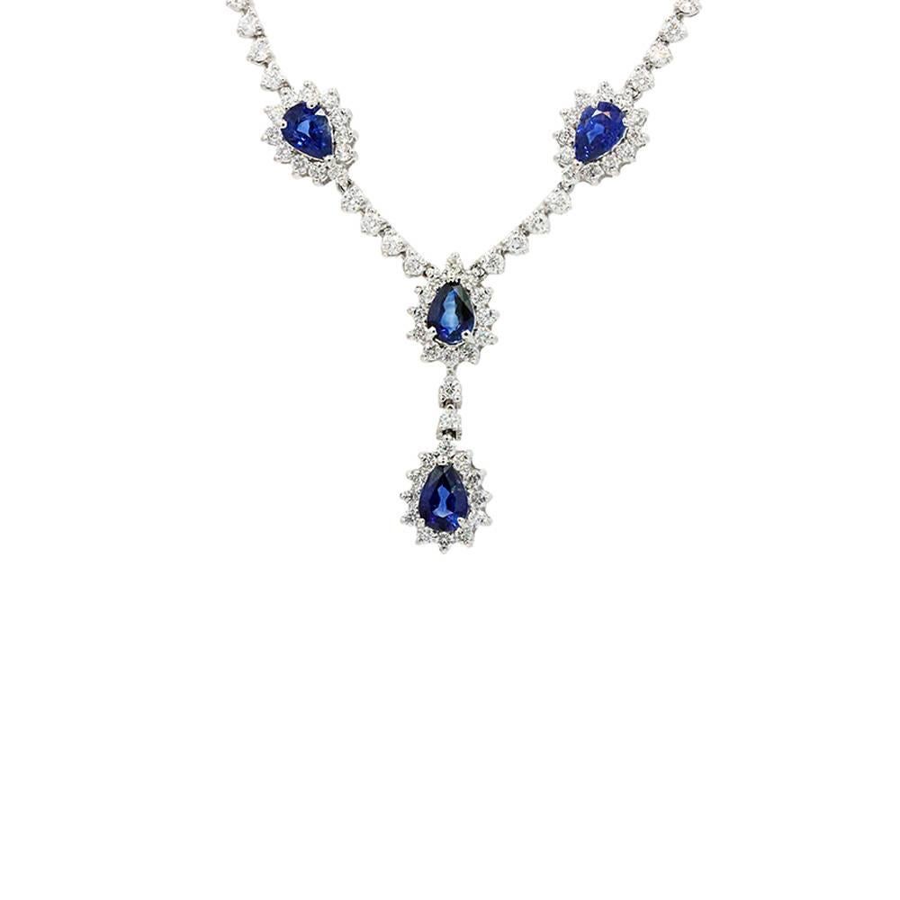 18K White Gold Necklace With 6 Pear Shaped Sapphires With A Total Weight Of 7.07ct And Surrounding Diamonds With A Total Carat Weight Of 6.58ct.