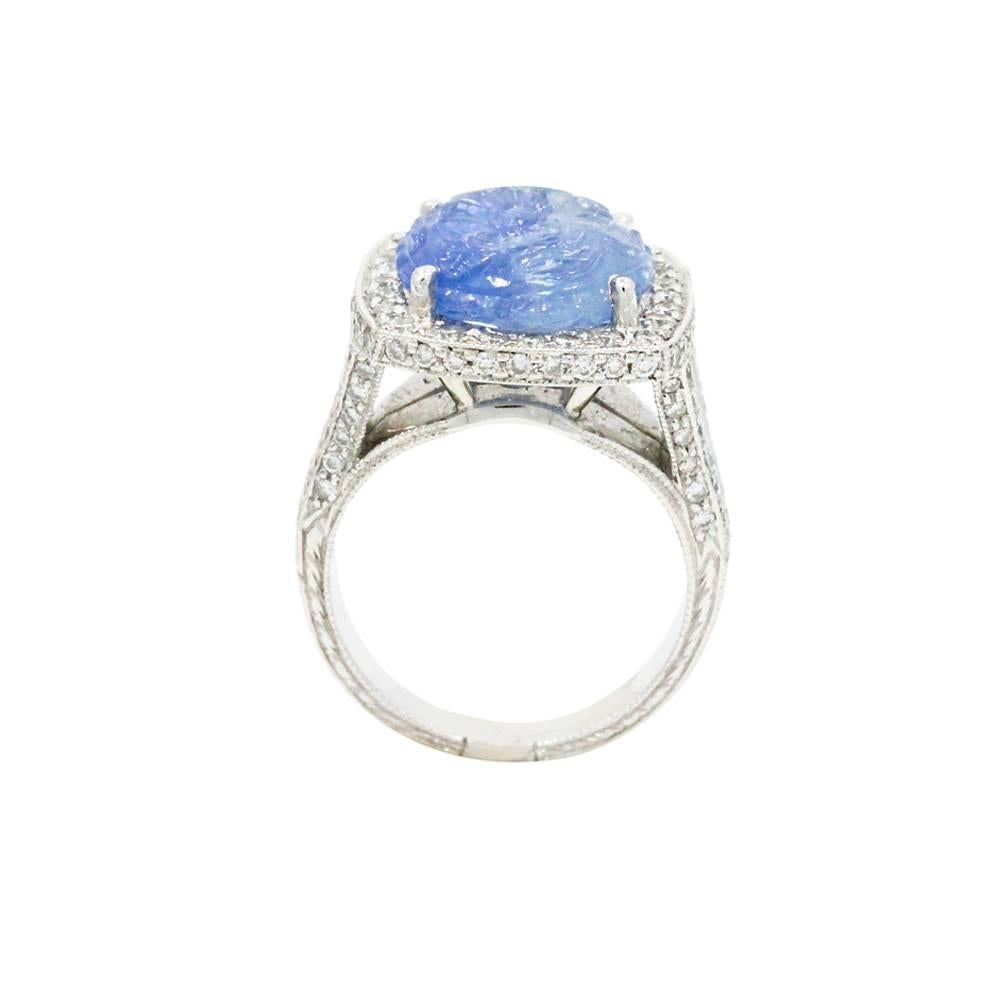 Women's Carved Sapphire Diamond Platinum Ring For Sale