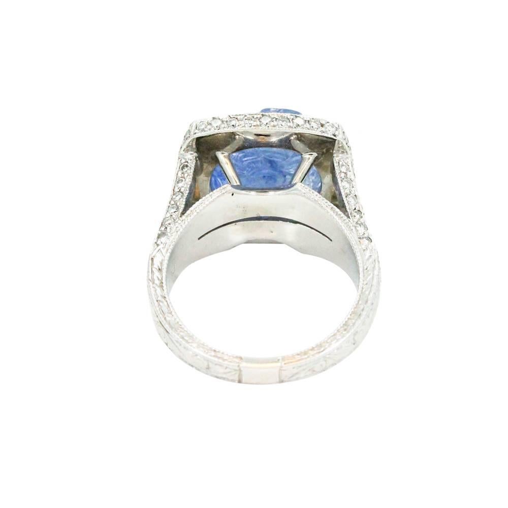 Carved Sapphire Diamond Platinum Ring For Sale 1
