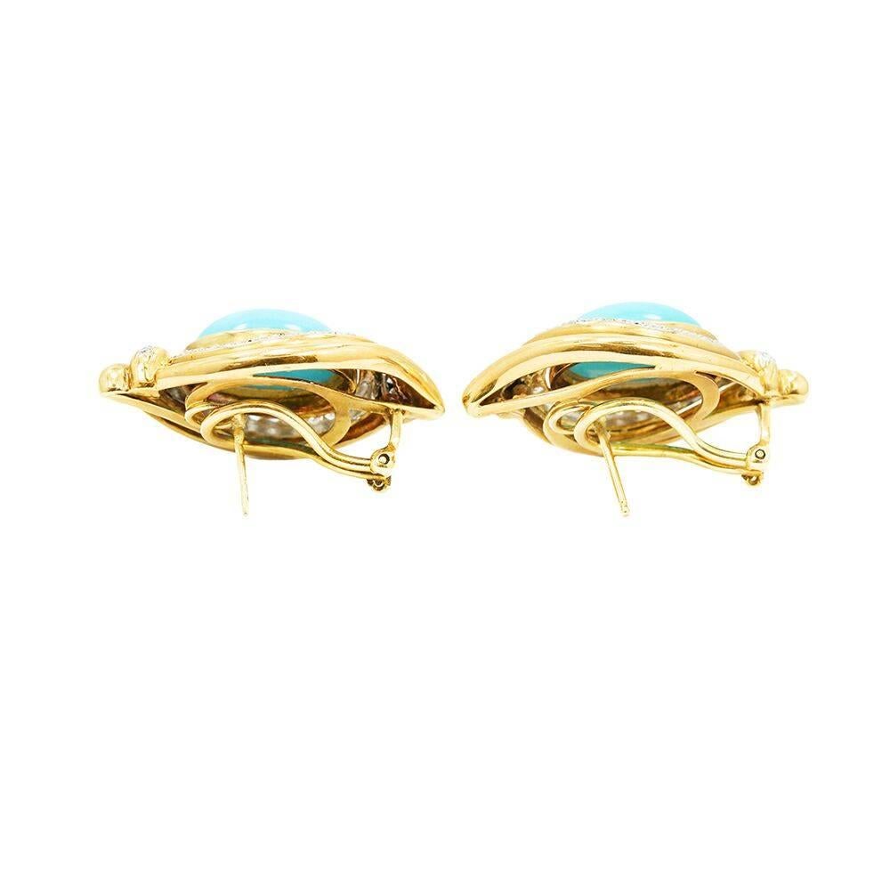 Turquoise Diamond Yellow Gold Earrings In Excellent Condition For Sale In Naples, FL