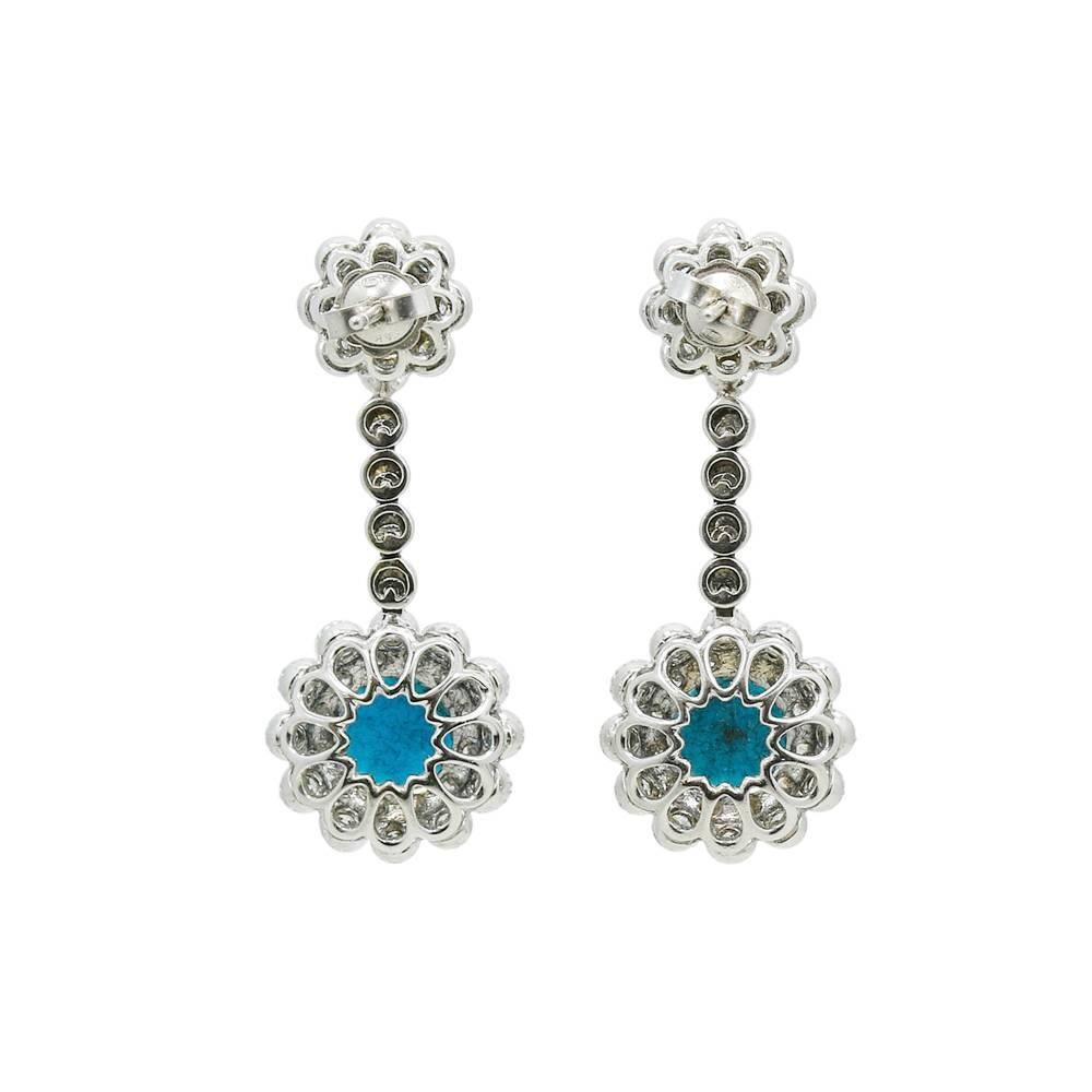 Turquoise Diamond White Gold Dangle Earrings In Excellent Condition For Sale In Naples, FL