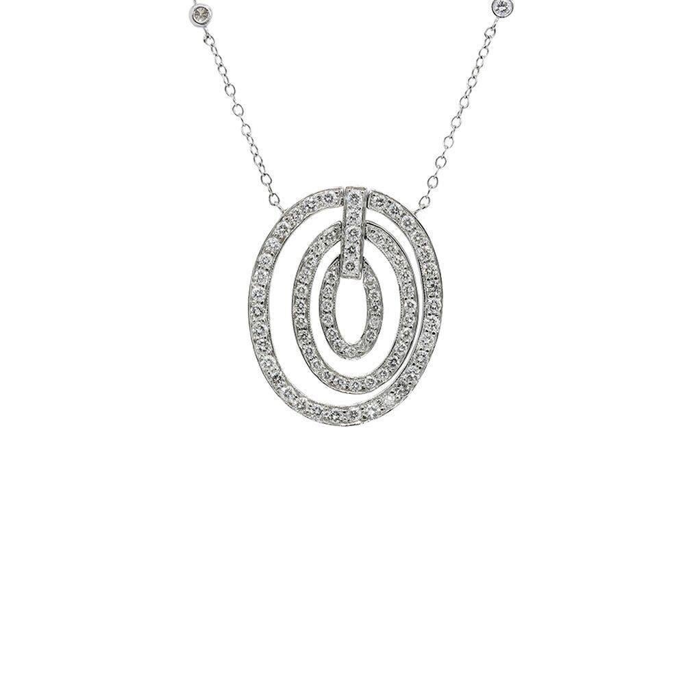 Up for sale is this beautiful 18k white gold diamonds by the yard necklace with diamond pave ovals in the center. The diamonds weigh 3.11 carats total weight. It measures 16.875