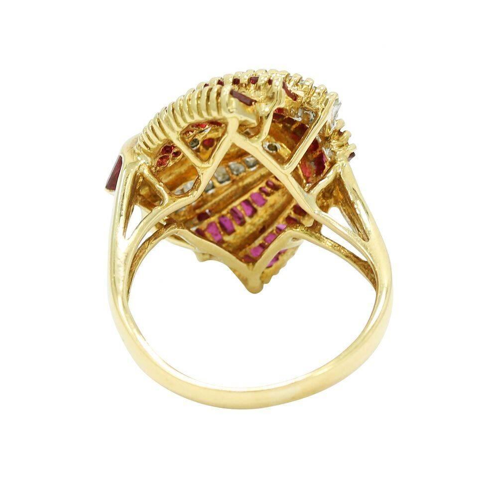 Baguette Cut Ruby Diamond Yellow Gold Baguette Swirl Ring