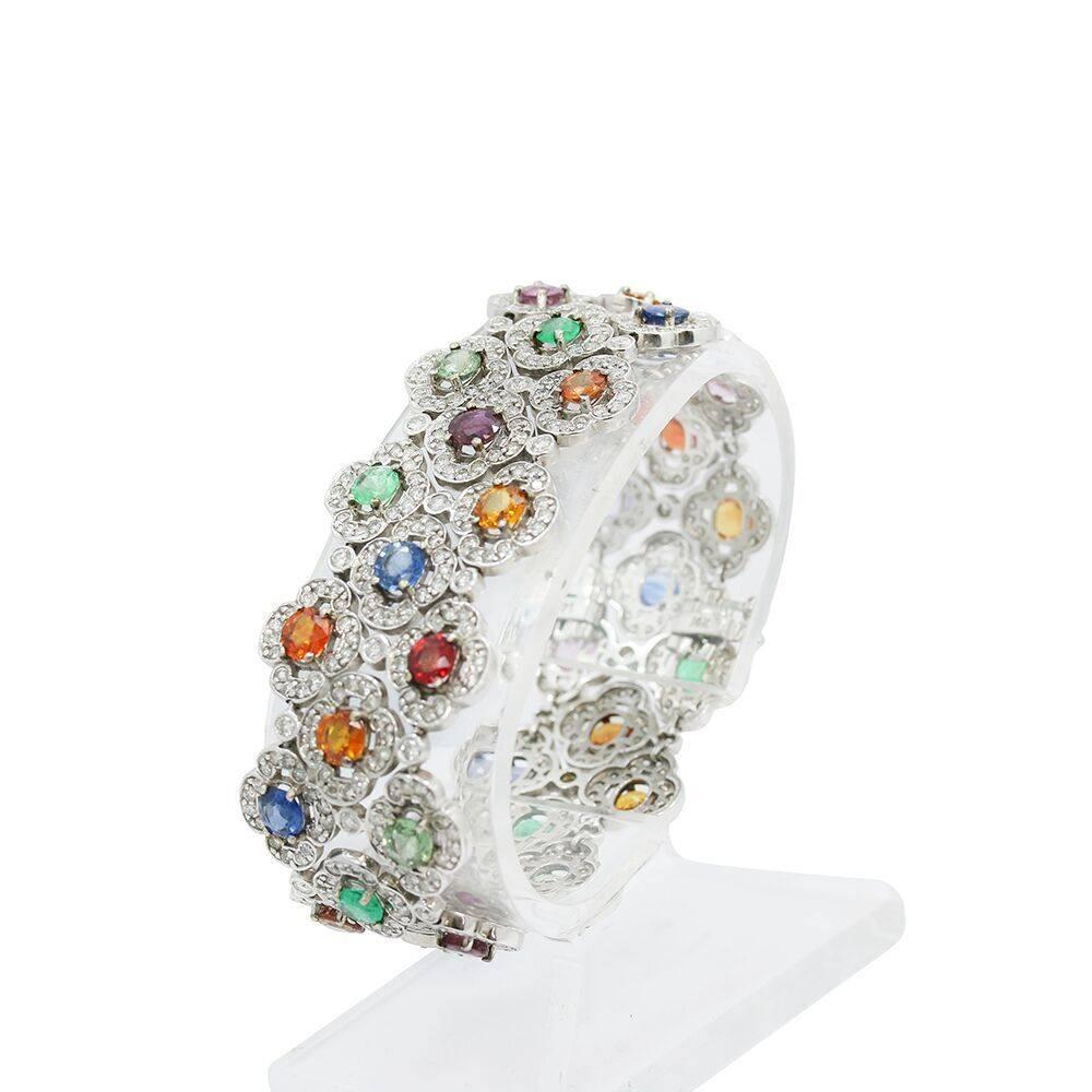 White Gold Flat Wide Bracelet with Diamonds and Color Stones In Excellent Condition For Sale In Naples, FL