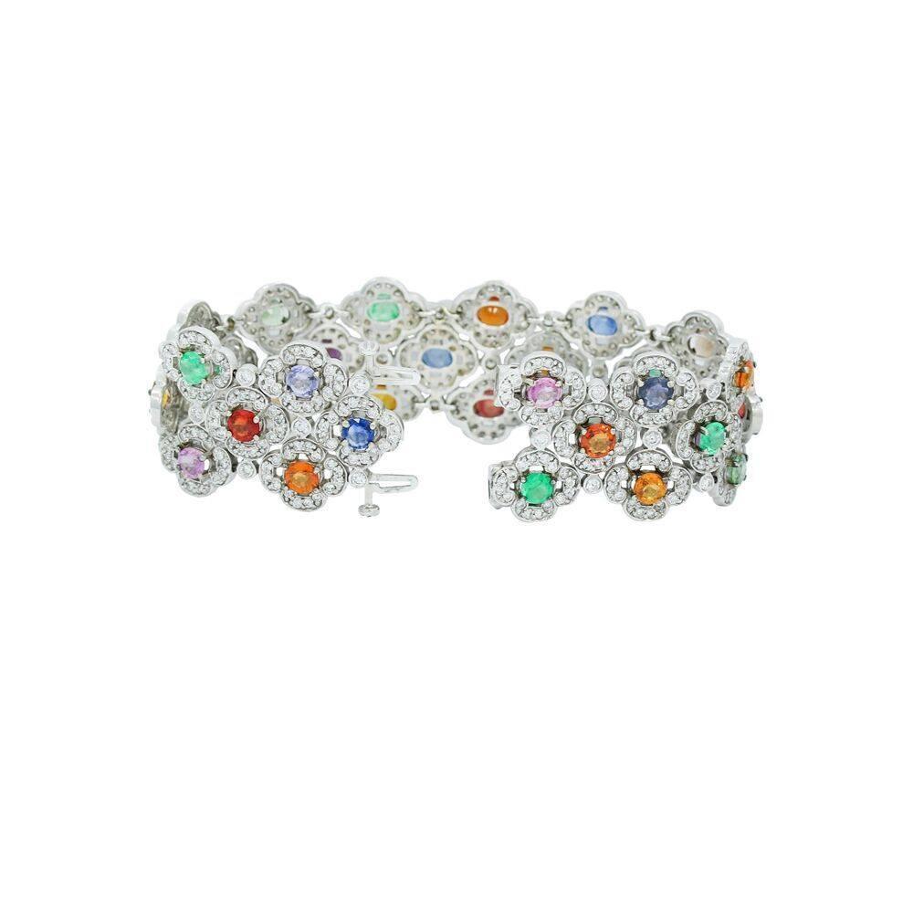 Women's or Men's White Gold Flat Wide Bracelet with Diamonds and Color Stones For Sale