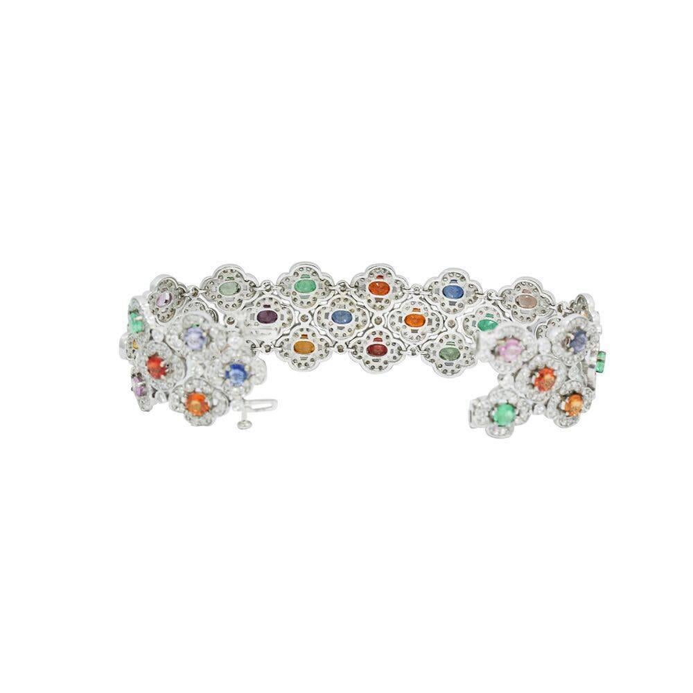 White Gold Flat Wide Bracelet with Diamonds and Color Stones For Sale 1