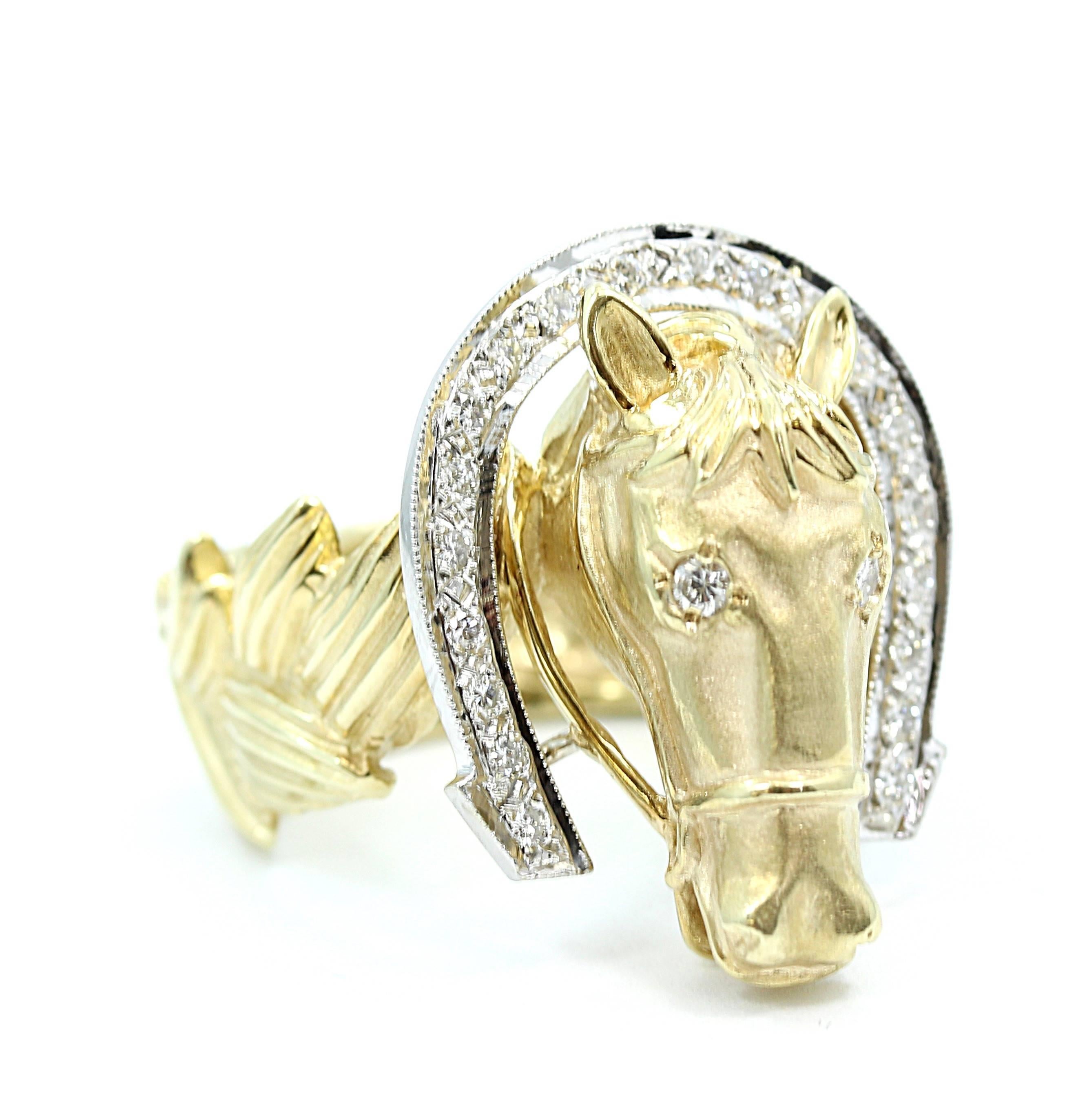 We have this 14k yellow gold horse and horseshoe ring. It has twenty (20) diamonds H-I, VS-SI that weigh .30 carats total weight. The ring sits at a size 10 and can be easily adjusted. It weighs a total of 22.7 grams. The ring is in great condition.