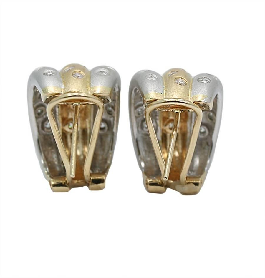 Two Color Gold Brushed Finish Diamond Earrings In Excellent Condition For Sale In Naples, FL