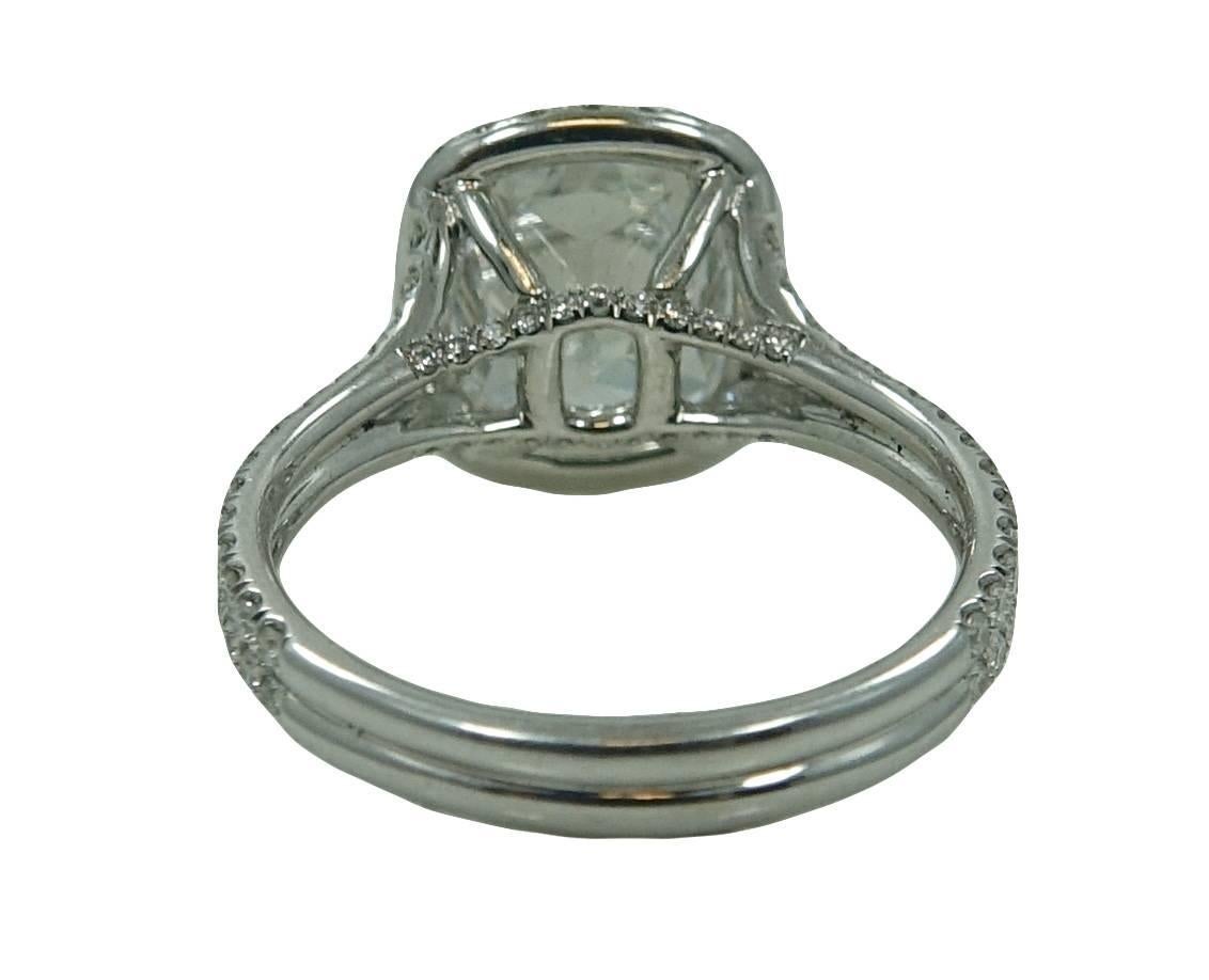 Women's 3.08 Carat Cushion Cut Diamond Platinum Engagement Ring For Sale