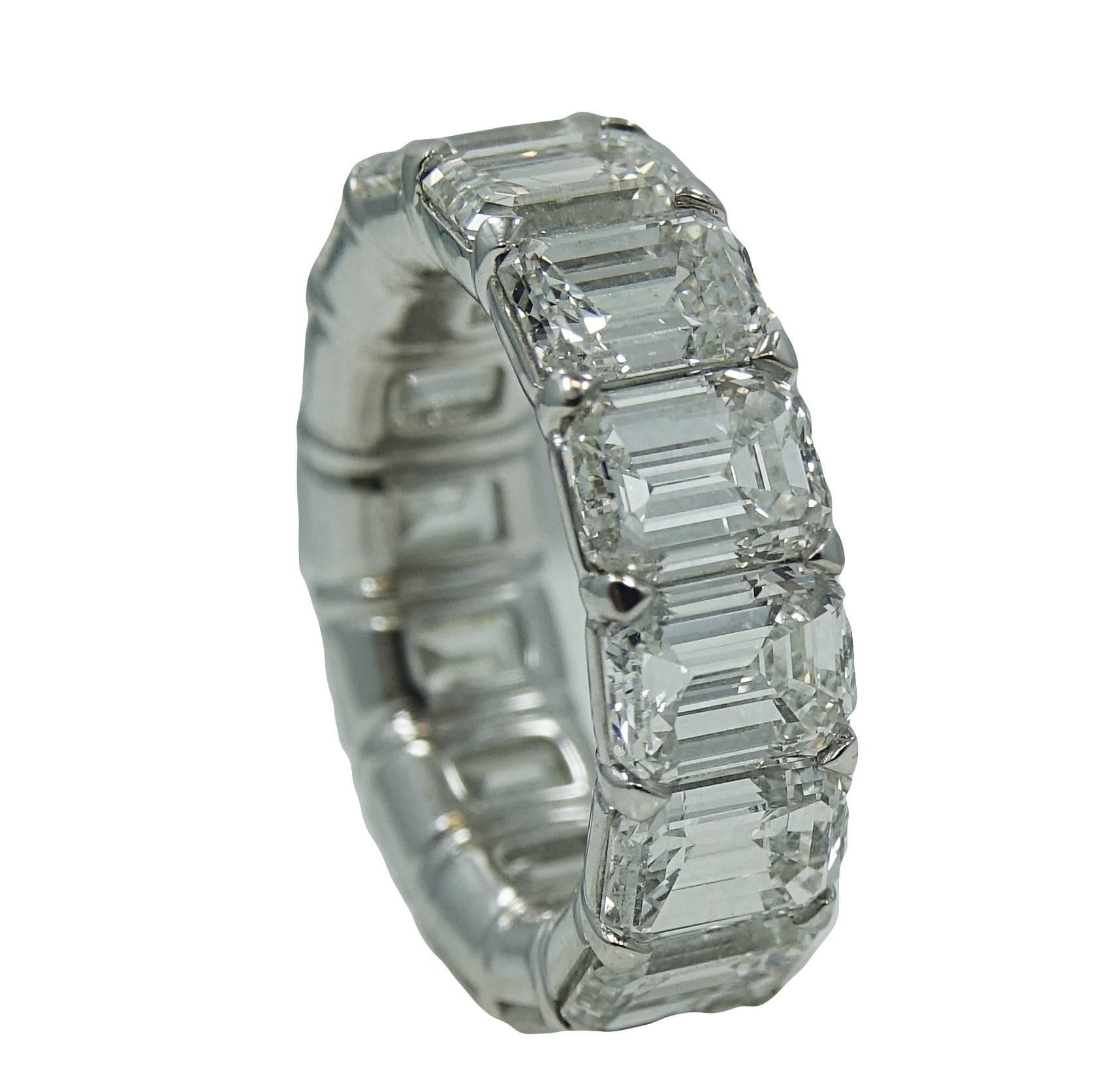 Platinum Eternity Band With 15 Radiant Cut Diamonds Weighing A Total Carat Weight Of 11.18ct In a Buttercup Mounting. This Ring Is A Size 7.