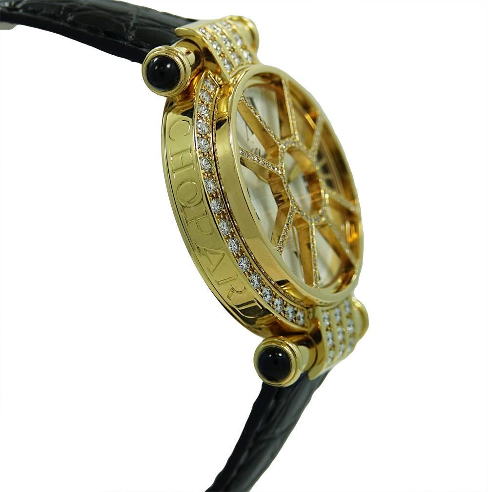 18K Yellow Gold Chopard Imperiale Watch Model #373414. This stunning watch has  95 Diamonds on the crystal with a total of .27 total carat weight and 50 Diamonds on the case with a total of 1.90 carats in total weight. The watch is a one owner watch