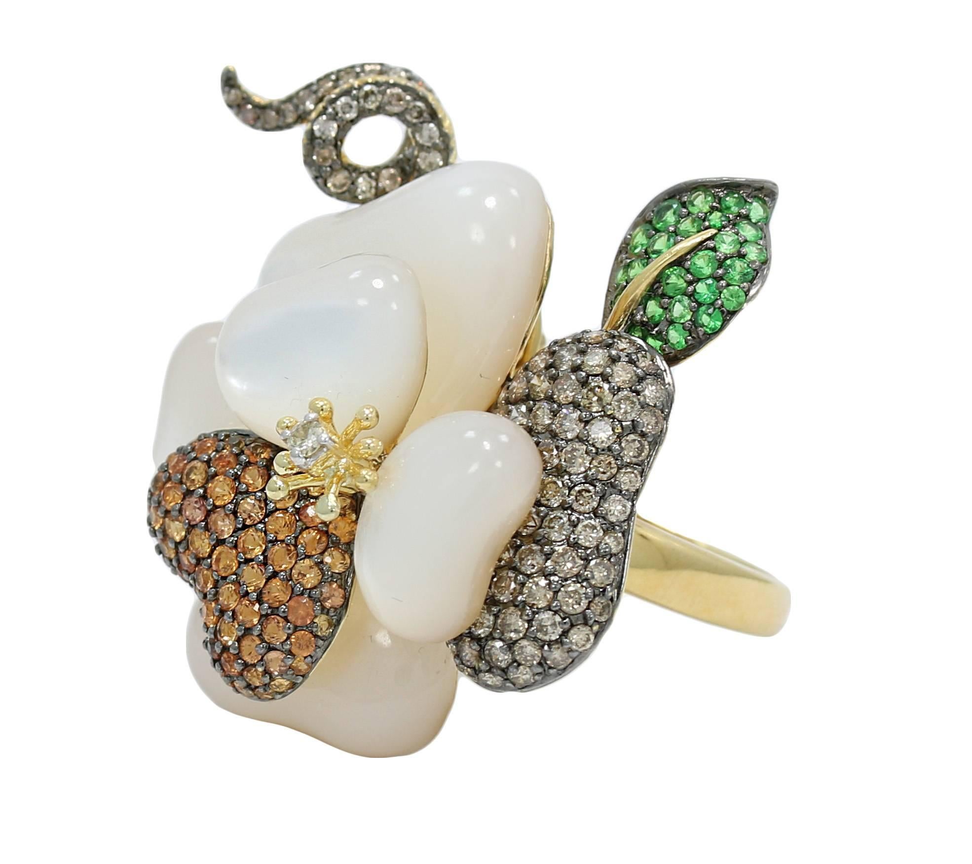 We have this beautiful 18k yellow gold mother of pearl diamond and semi precious stone ring/pendant. It measures 1.5