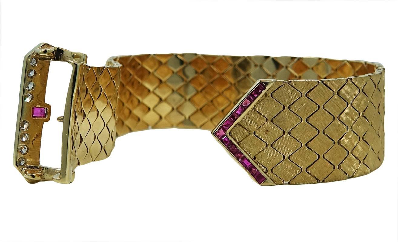 Ruby Diamond Yellow Gold Buckle Style Bracelet In Excellent Condition For Sale In Naples, FL