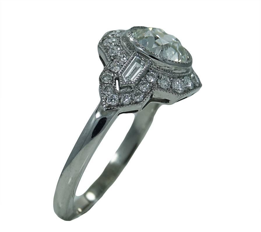 Art Deco Old European Cut 1.41 Carat Diamond Platinum Ring In Excellent Condition For Sale In Naples, FL