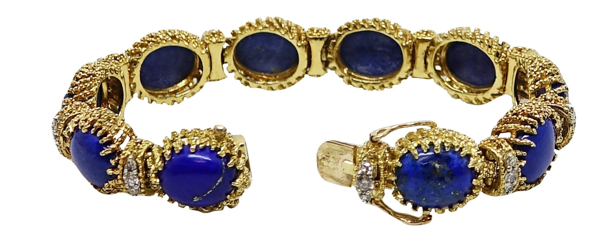 Women's La Triomphe Oval Lapis and Round Brilliant Diamond Yellow Gold Bracelet For Sale