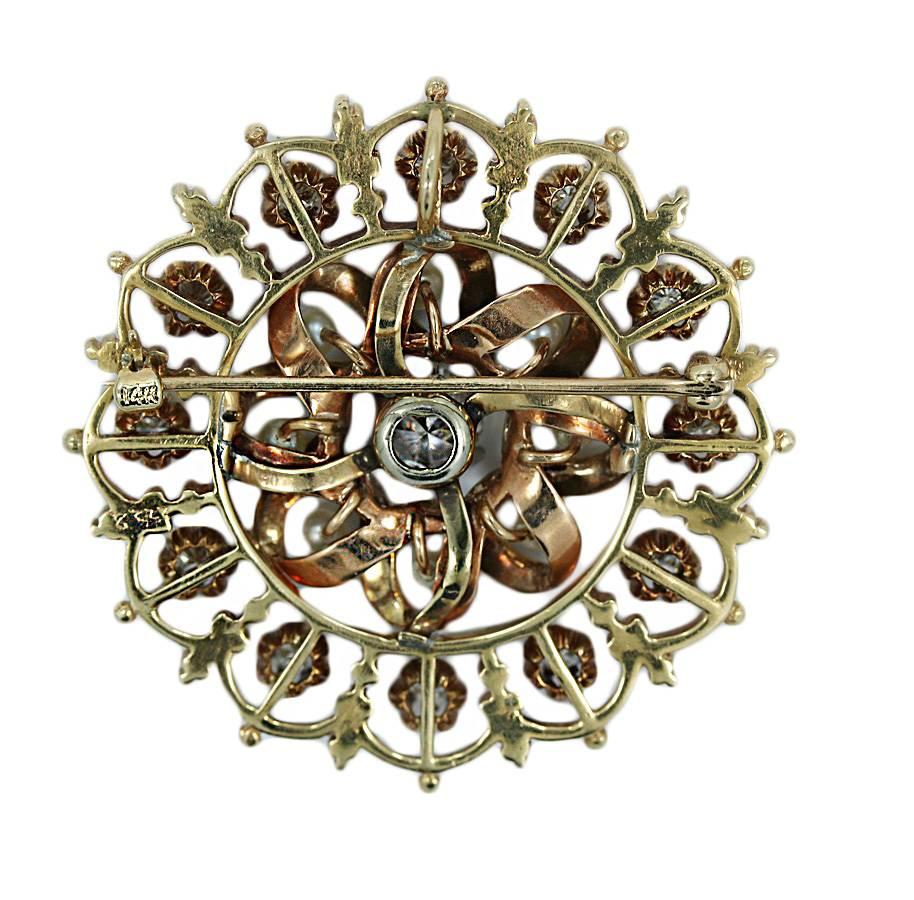 14K Yellow Gold Circle Brooch with Pearls and Diamonds. The diamonds are approximatley 2.00 carats total weight. The center Diamond is approximately 1.00 carat, I in color and  SI2 in clarity. It measures 1.75 inches in diameter and weighs a total