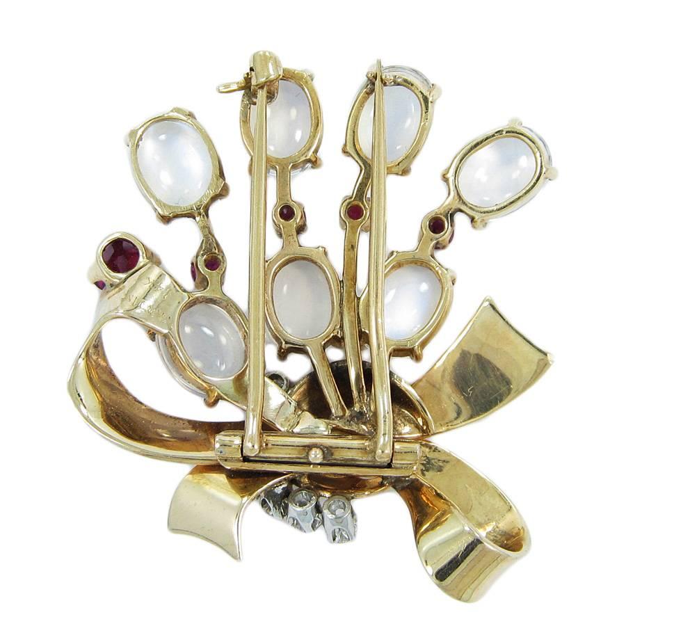 Raymond Yard Moonstones Rubies Diamonds Yellow Gold Brooch In Excellent Condition For Sale In Naples, FL