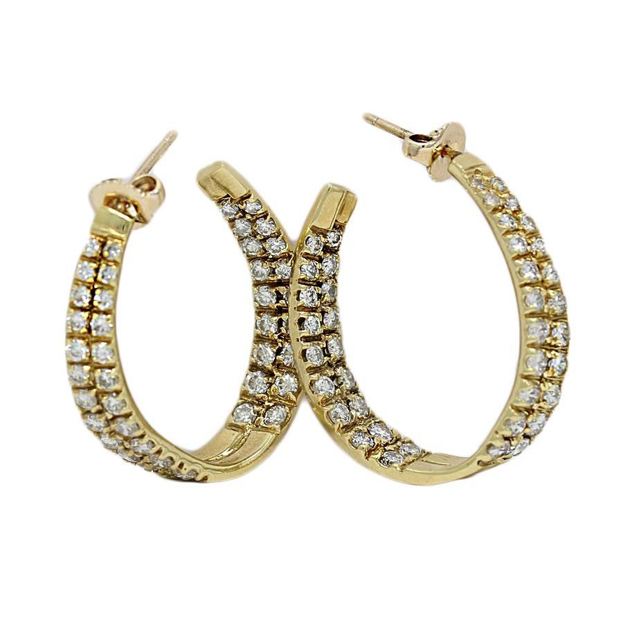 3.50 Carat Diamonds Yellow Gold J Hoop Earrings In Excellent Condition For Sale In Naples, FL