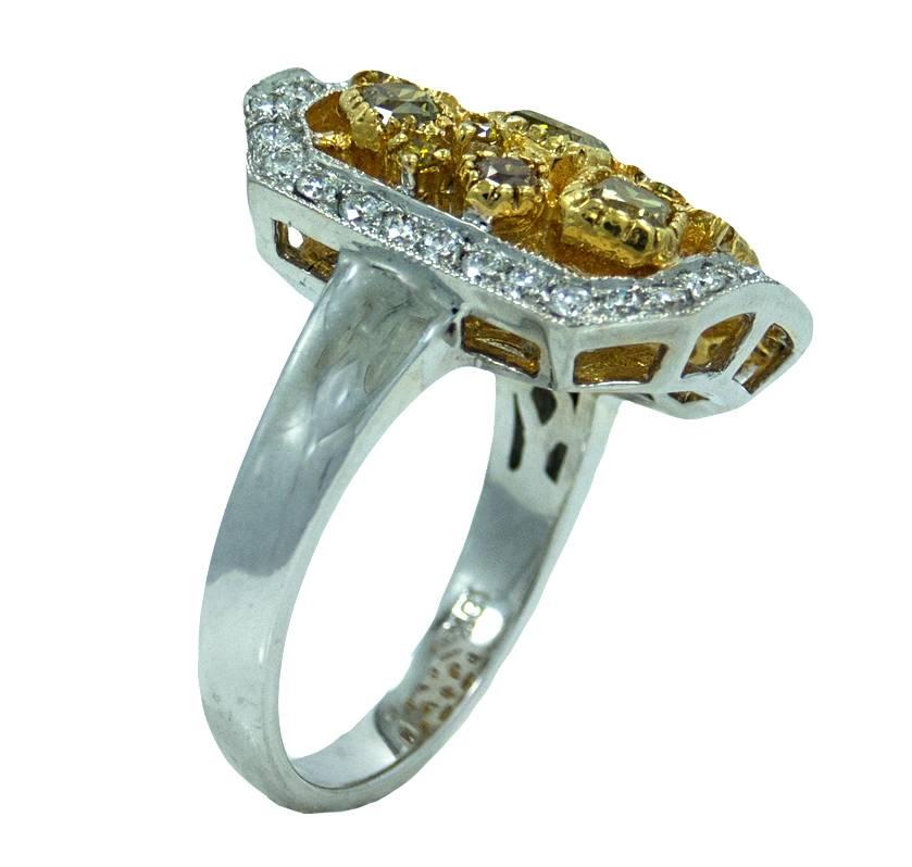 1.49 Carat Yellow Cushion Cut and Round Diamonds White Gold Ring In Excellent Condition For Sale In Naples, FL