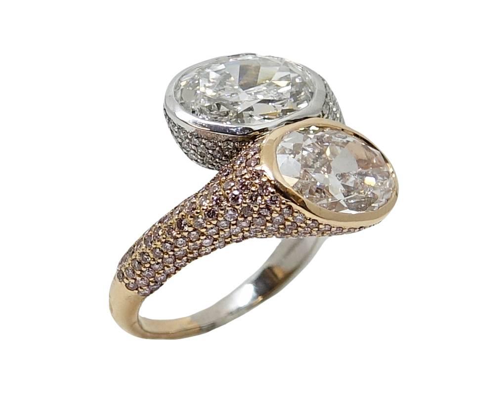 Oval Cut 6.22 Carat Oval and Round Diamond Rose Gold and Platinum Ring For Sale