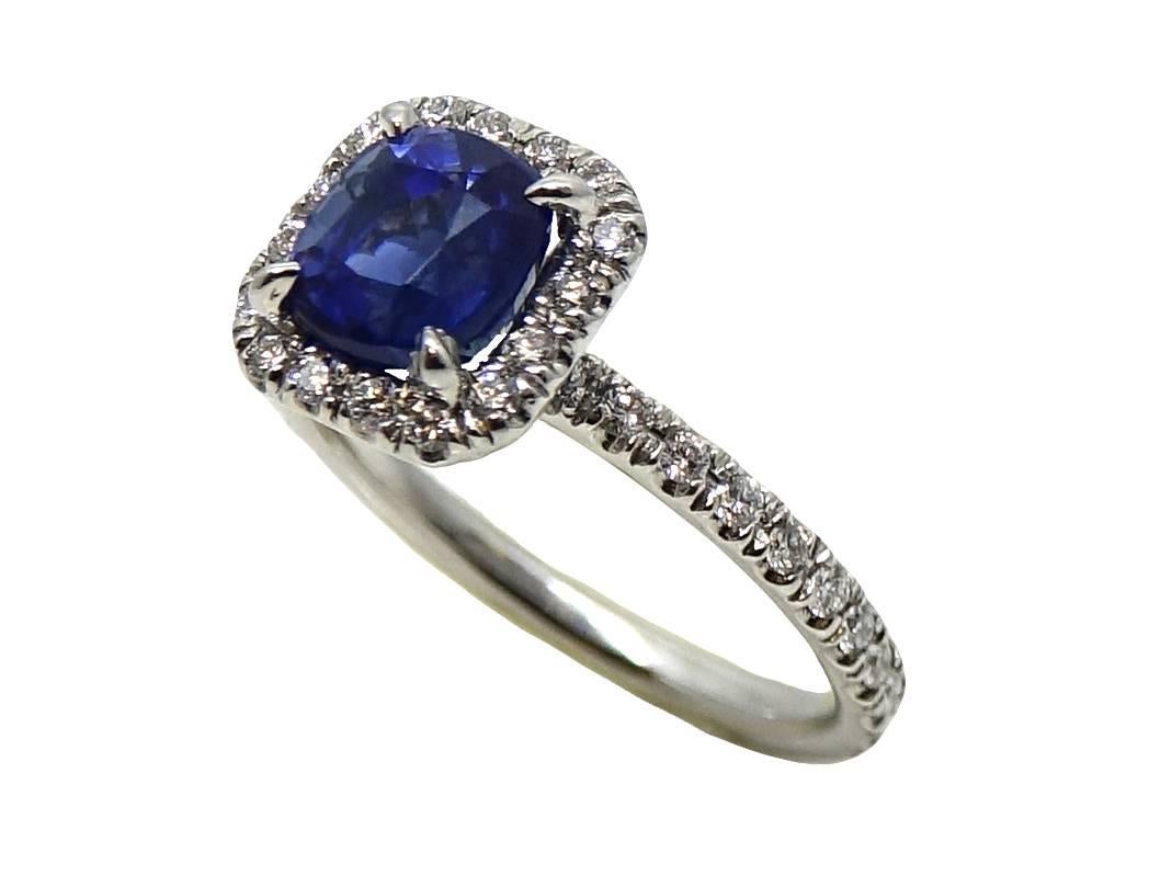 1.99 Carat Cushion Cut Sapphire and Diamond Platinum Engagement Ring In Excellent Condition For Sale In Naples, FL