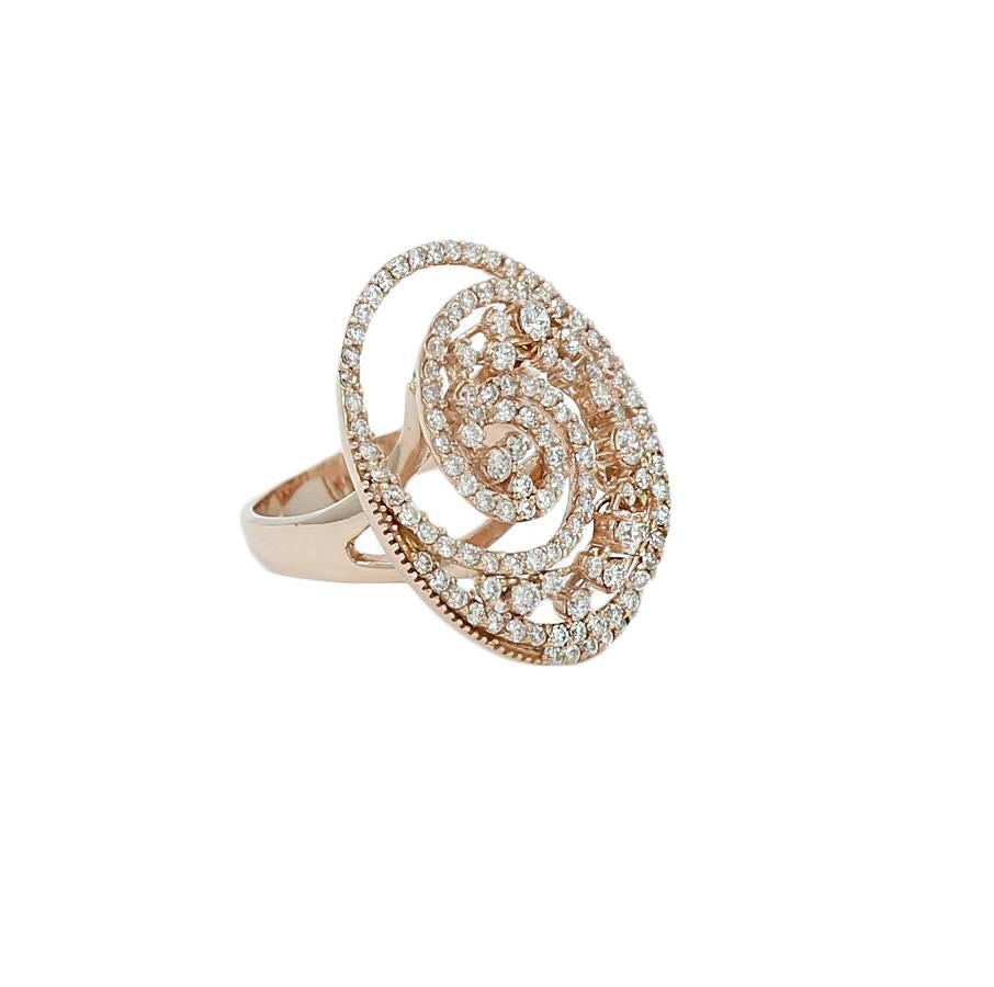 14k rose gold and diamond ring. It has 135 round diamonds H-I/VS weighing 1.54 carats total weight. The ring sits at a size 7 and weighs a total of 7.5 grams. It measures 1.00 inch in height and is in excellent condition. Please see all pictures and