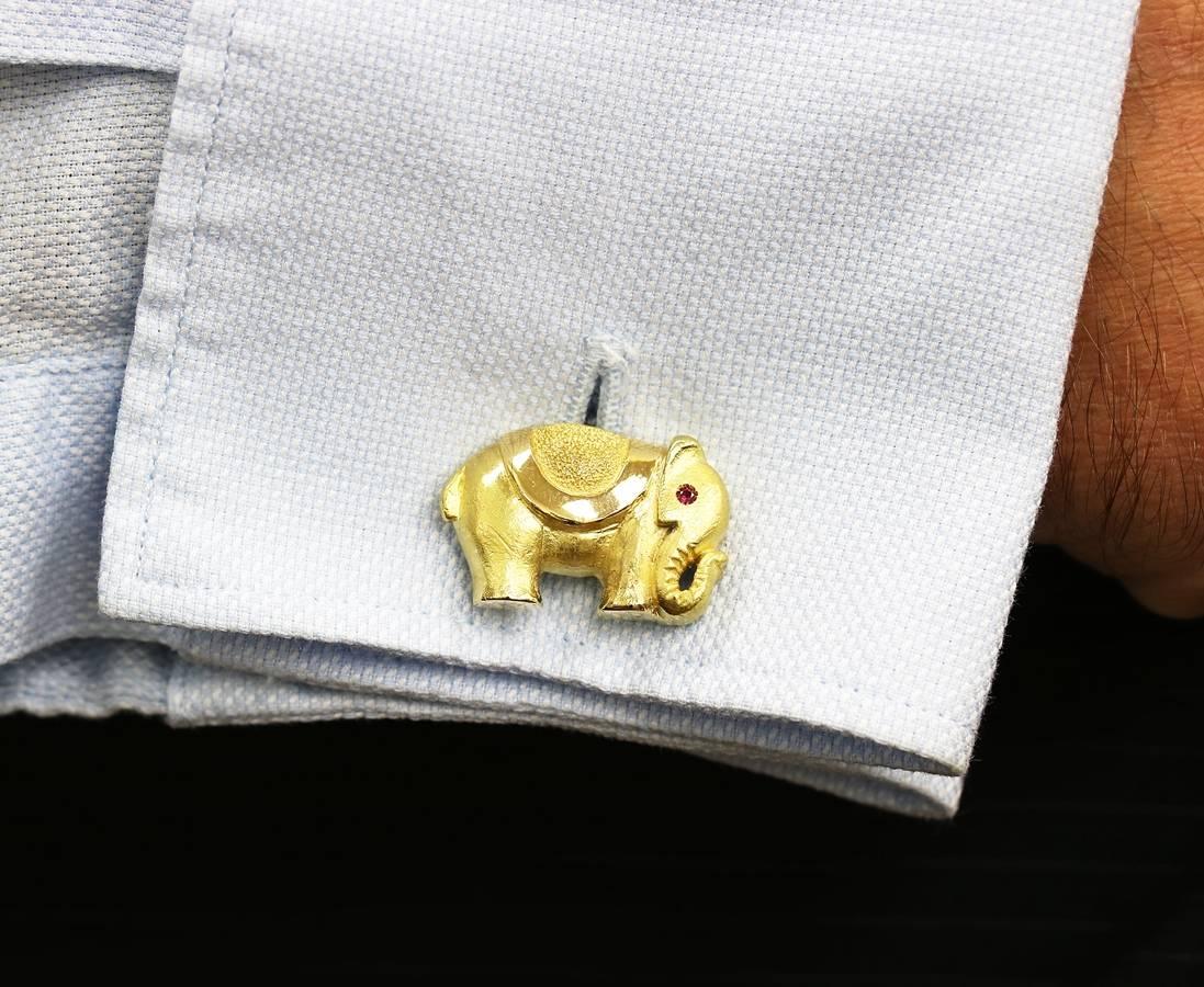 Women's or Men's Elephant with Ruby Eyes Yellow Gold Cufflinks For Sale