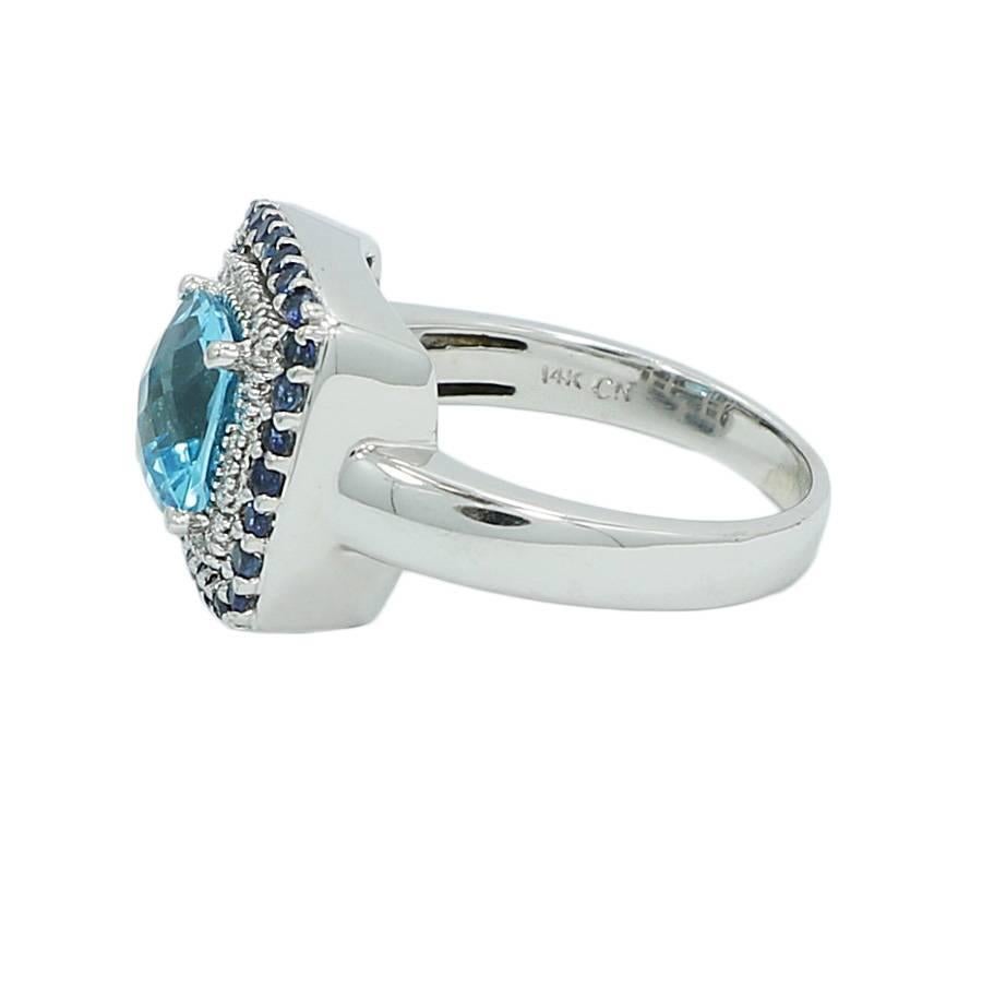 Double Halo Diamond, Sapphire and Blue Topaz Ring In Excellent Condition For Sale In Naples, FL