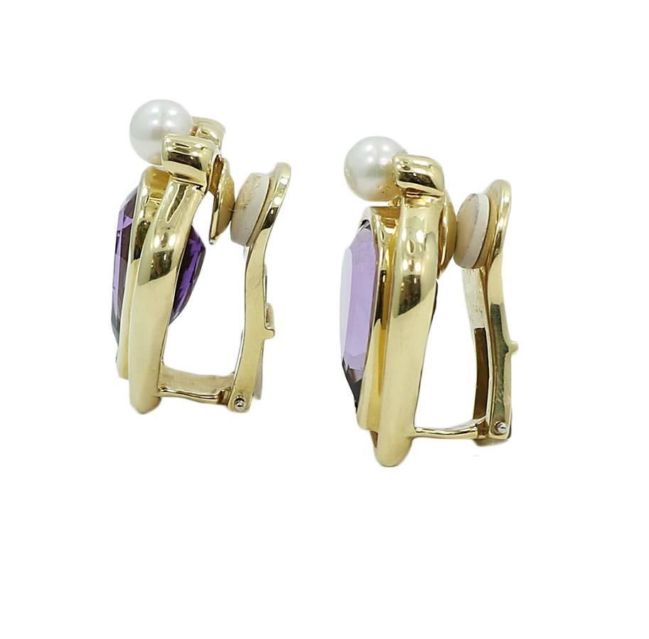 Pear Shaped Amethyst and Pear Yellow Gold Earrings In Excellent Condition For Sale In Naples, FL