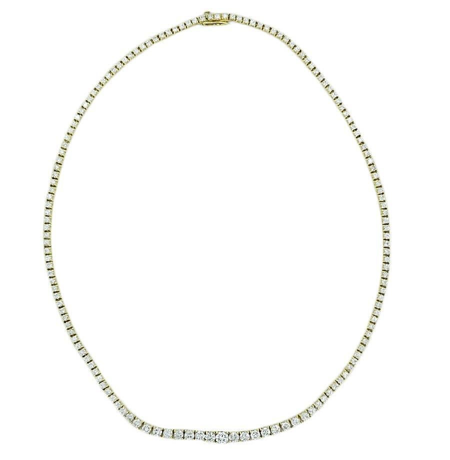 18k yellow gold diamond tennis necklace. It has 147 diamonds that weigh approximately 7.25 carats total weight. It measures 17.00 inches in length and weighs a total of 22.5 grams. The necklace is in excellent condition. .