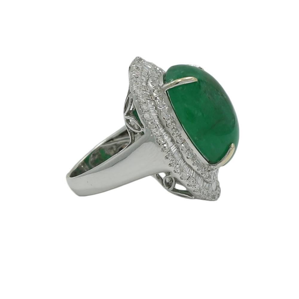 Round Cut 17.00 Carat Oval Cabochon Emerald and Diamond White Gold Ring For Sale