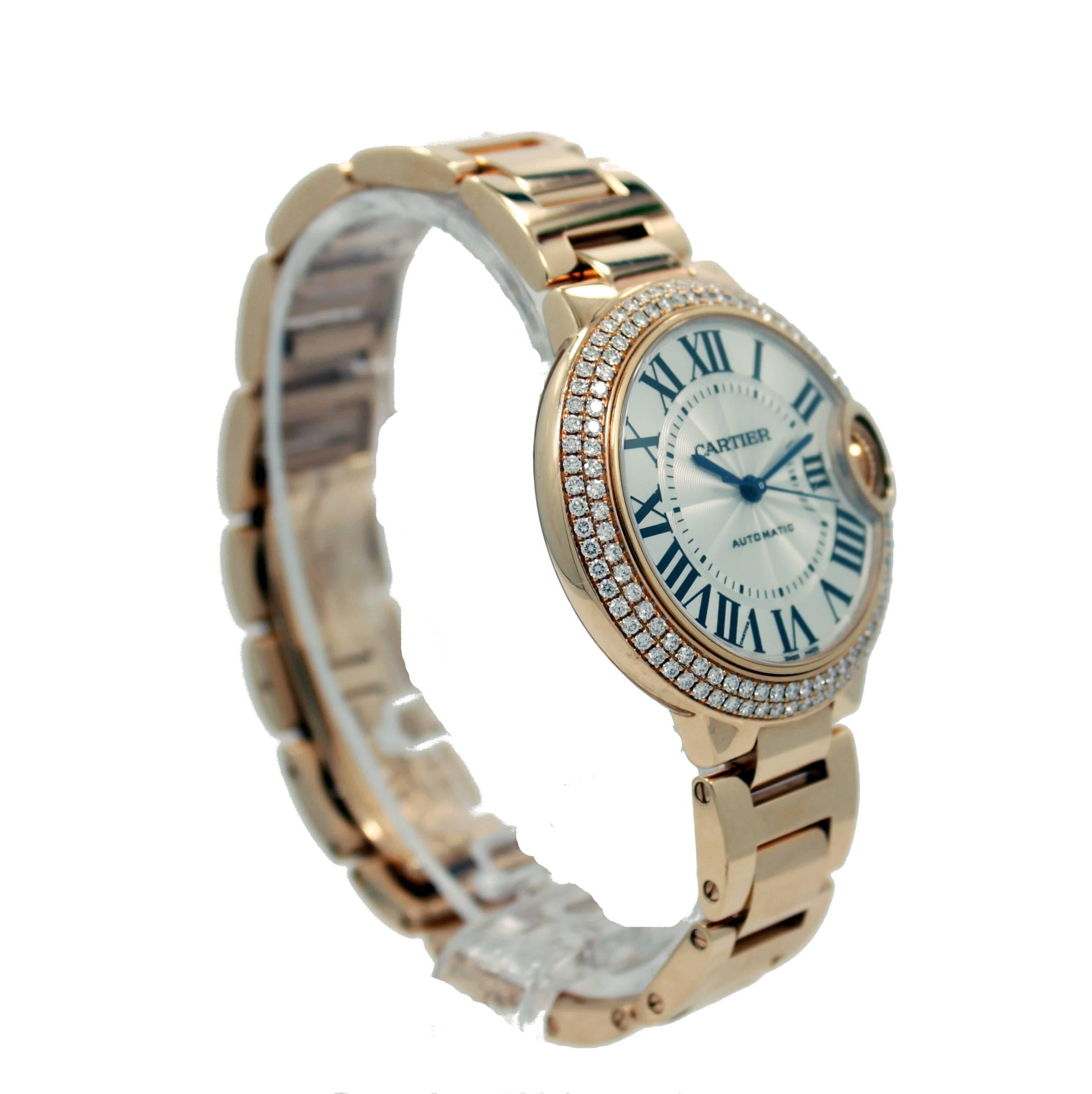 Cartier Rose Gold Diamond Bezel Ballon Bleu Automatic Wristwatch Ref W902034 In New Condition For Sale In Naples, FL