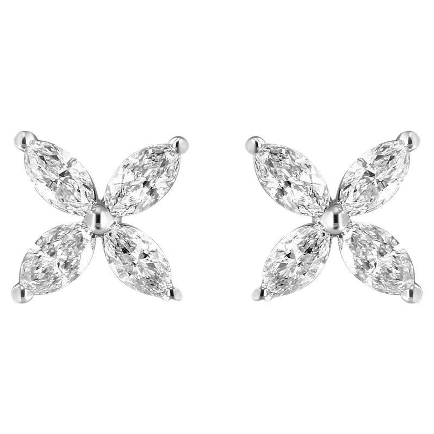 1.00 Carat Marquise Diamond 8 Stone Floral Leaf Stud Earrings in 14K White  Gold For Sale at 1stDibs