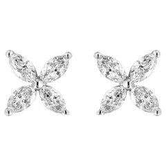 1.00 Carat Marquise Diamond 8 Stone Floral Leaf Stud Earrings in 14K White Gold