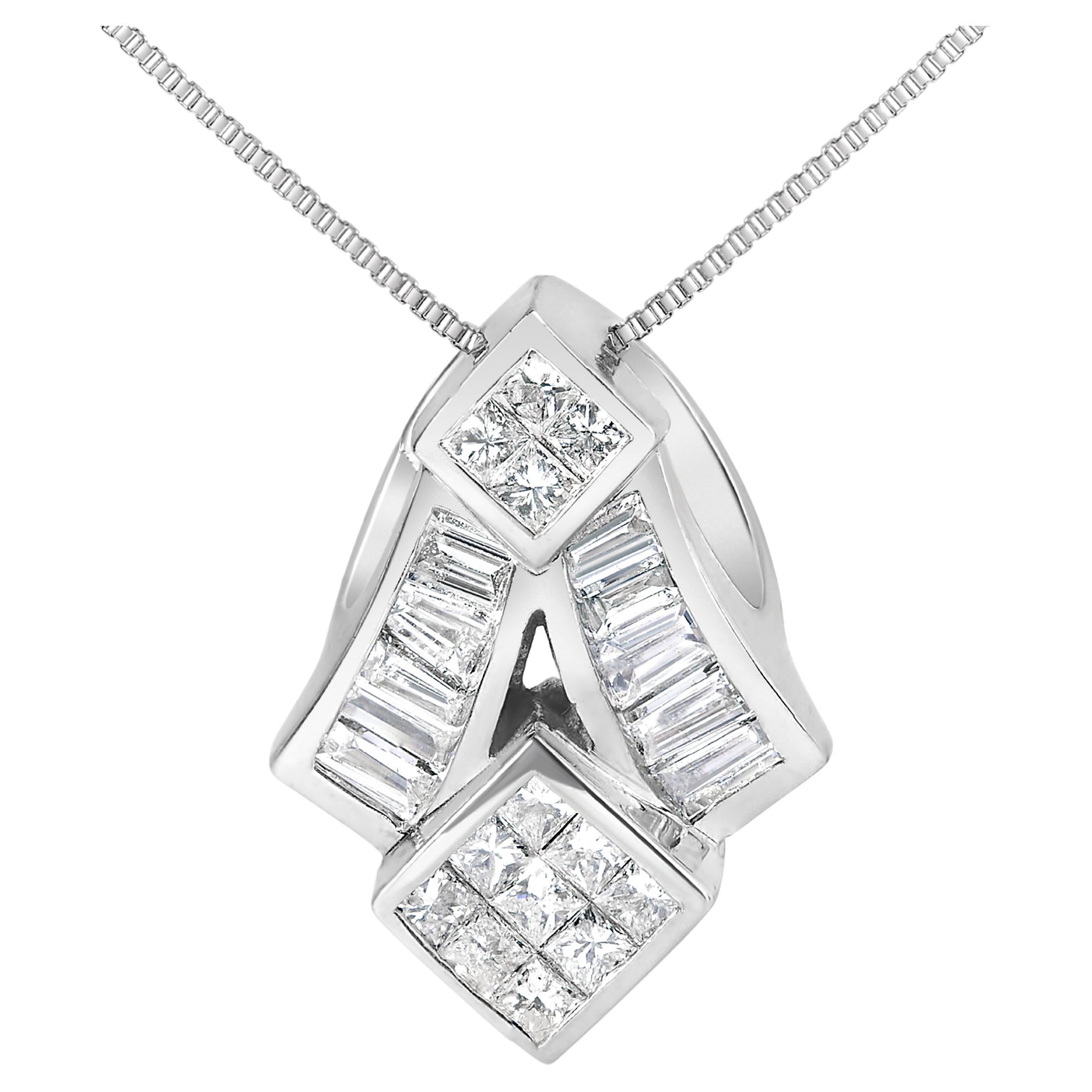 14k White Gold 1 5/8 Carat Princess-Cut Diamond Mixed Shape Pendant Necklace For Sale