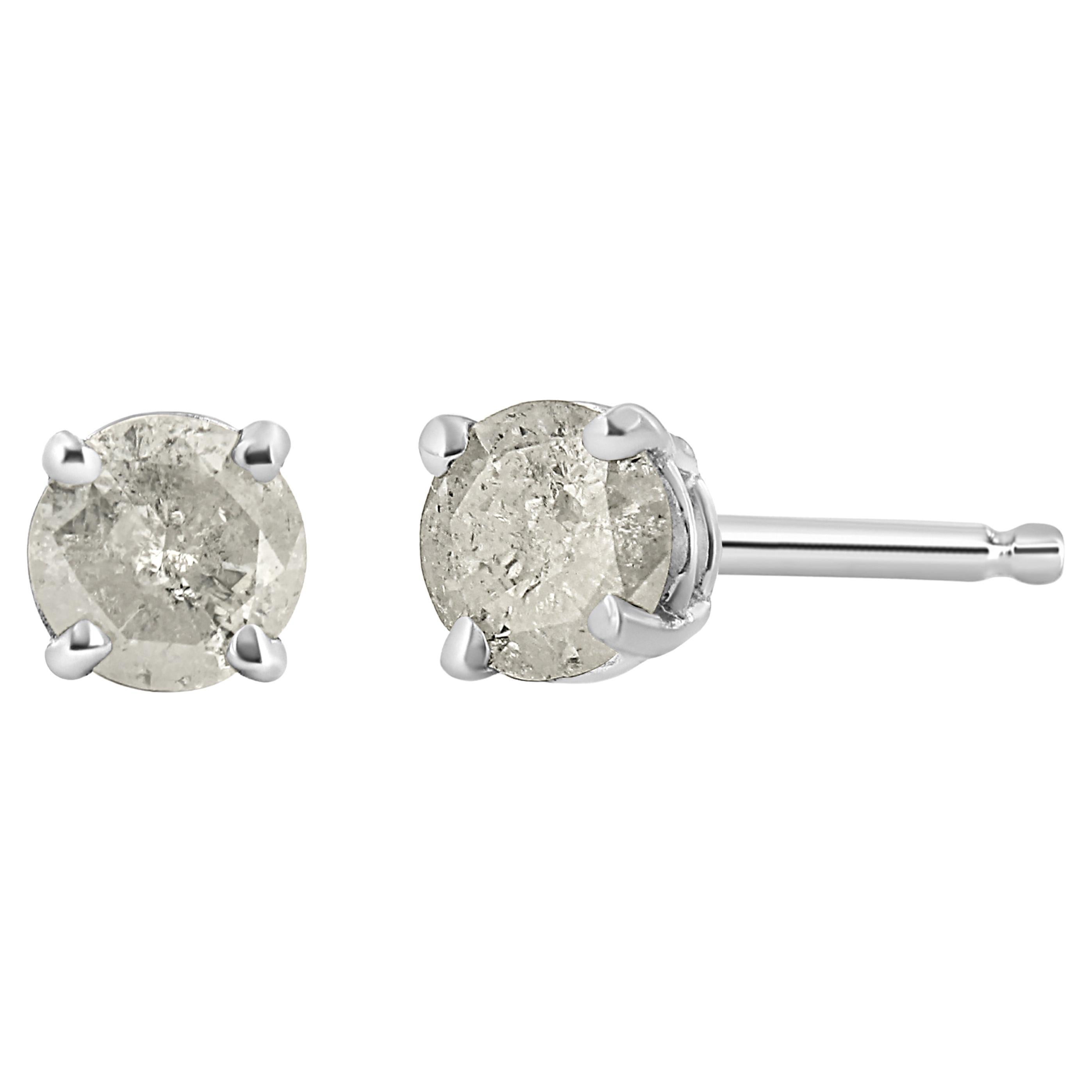 .925 Sterling Silver 3/4 Carat "Salt and Pepper" Diamond Classic Stud Earrings For Sale
