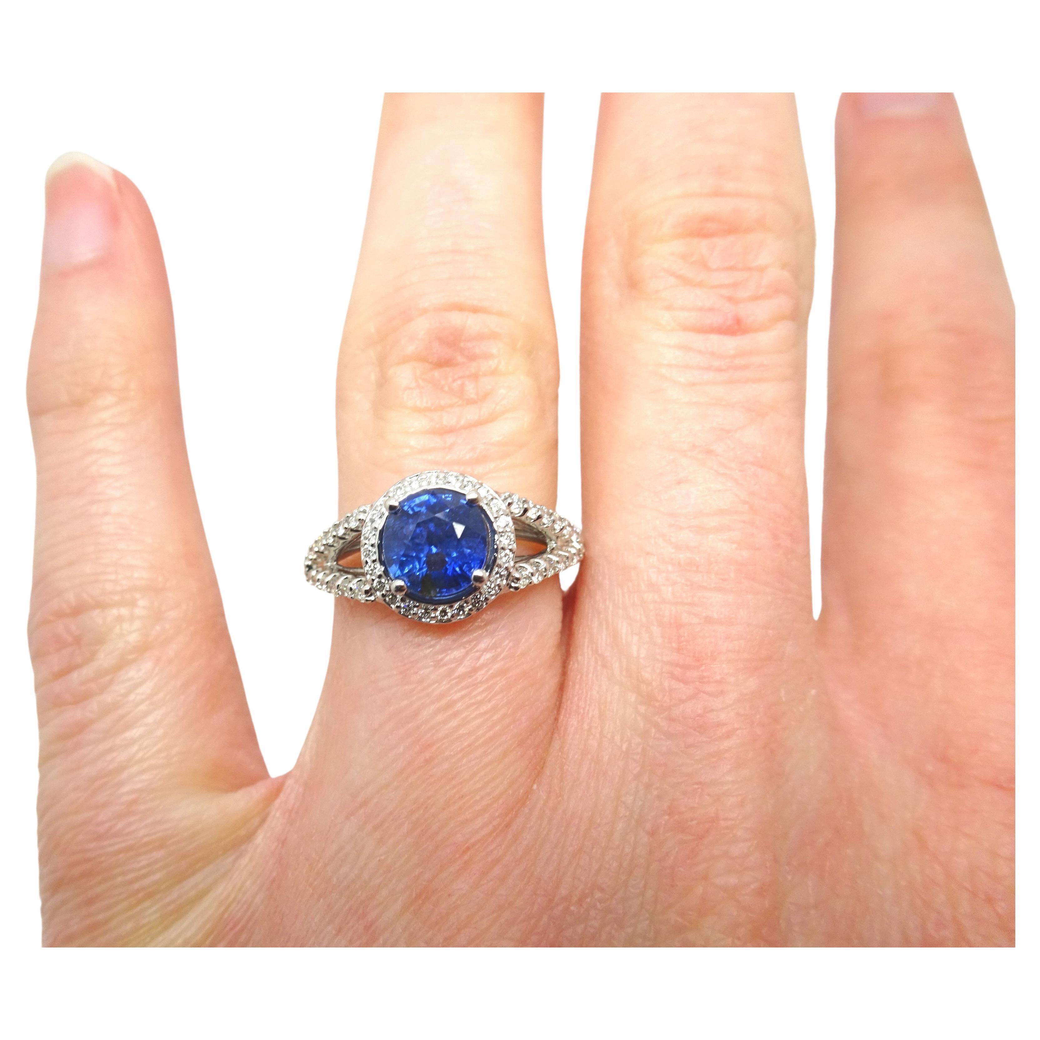 14k Gold 2 Carat Blue Genuine Natural Sapphire and Diamond Halo Ring '#J3800'