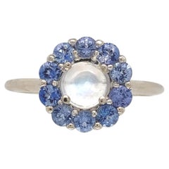 14K White Gold Moonstone and Blue Sapphire Ring Size 7