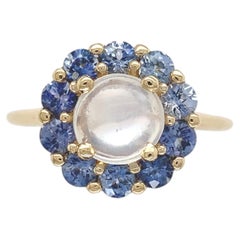 14K Yellow Gold Moonstone and Sapphire Ring Size 6.25