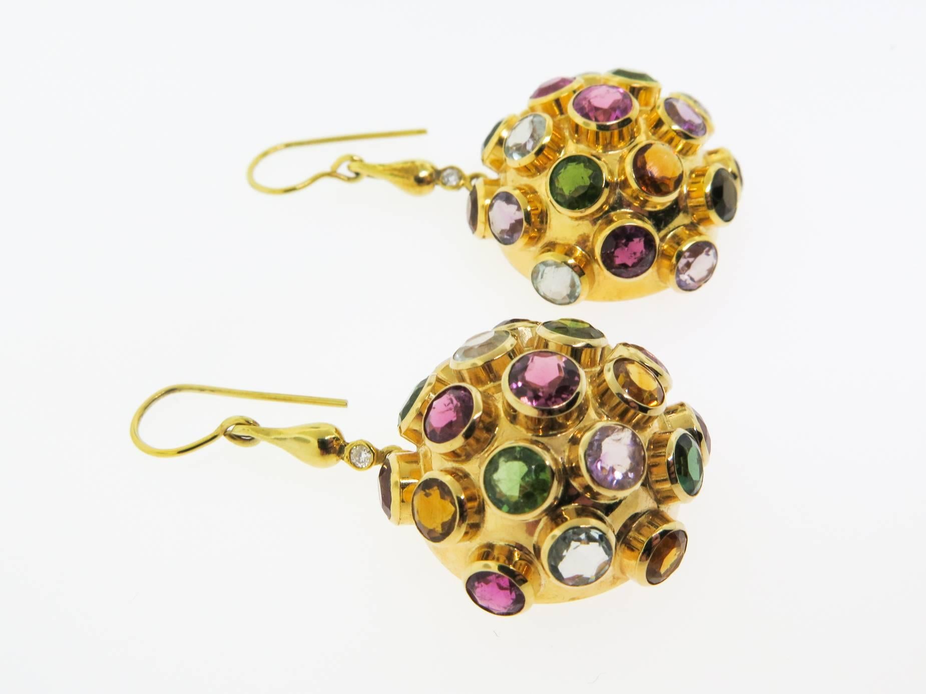 Retro Multicolor Gemstone Diamond Gold Drop Earrings