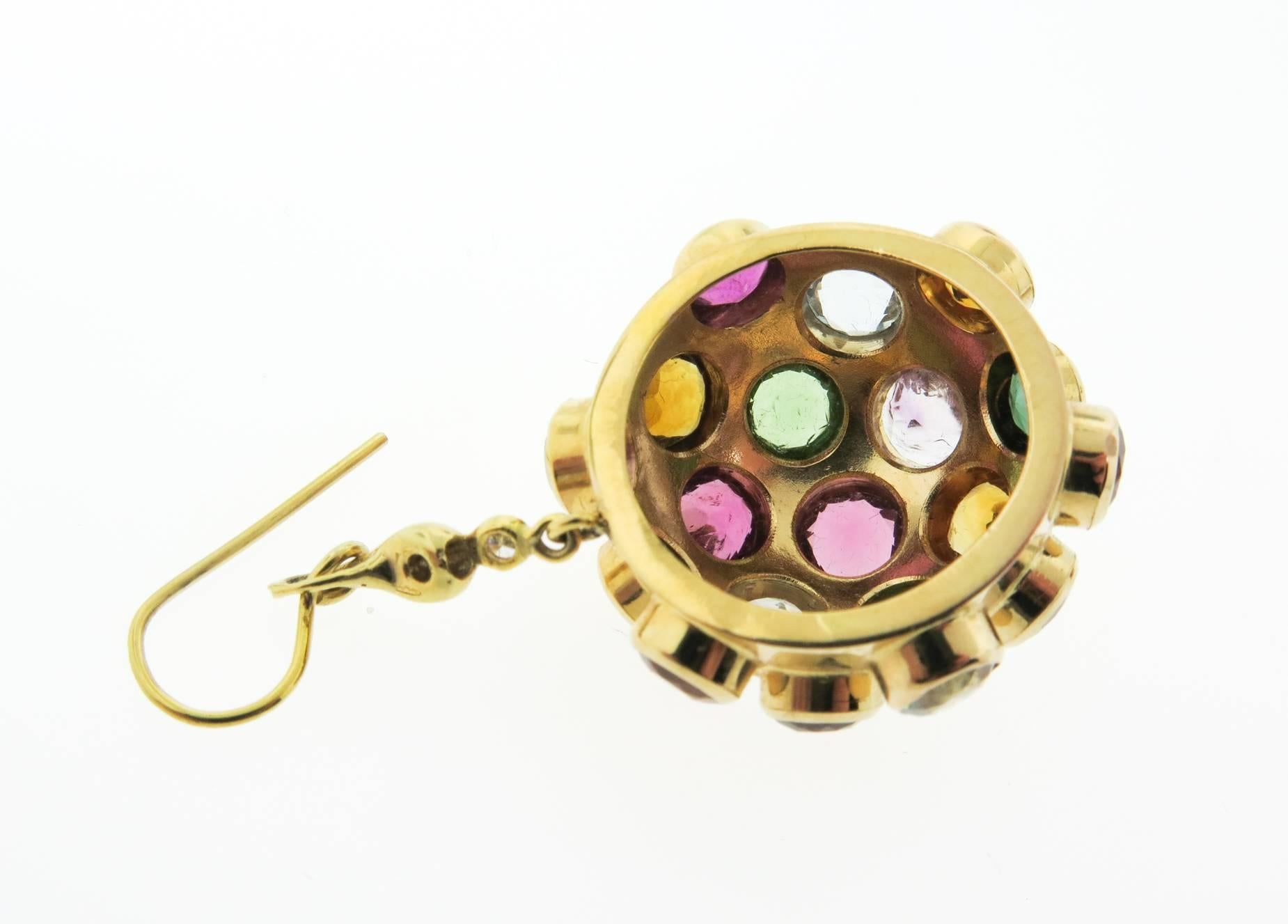 Round Cut Multicolor Gemstone Diamond Gold Drop Earrings