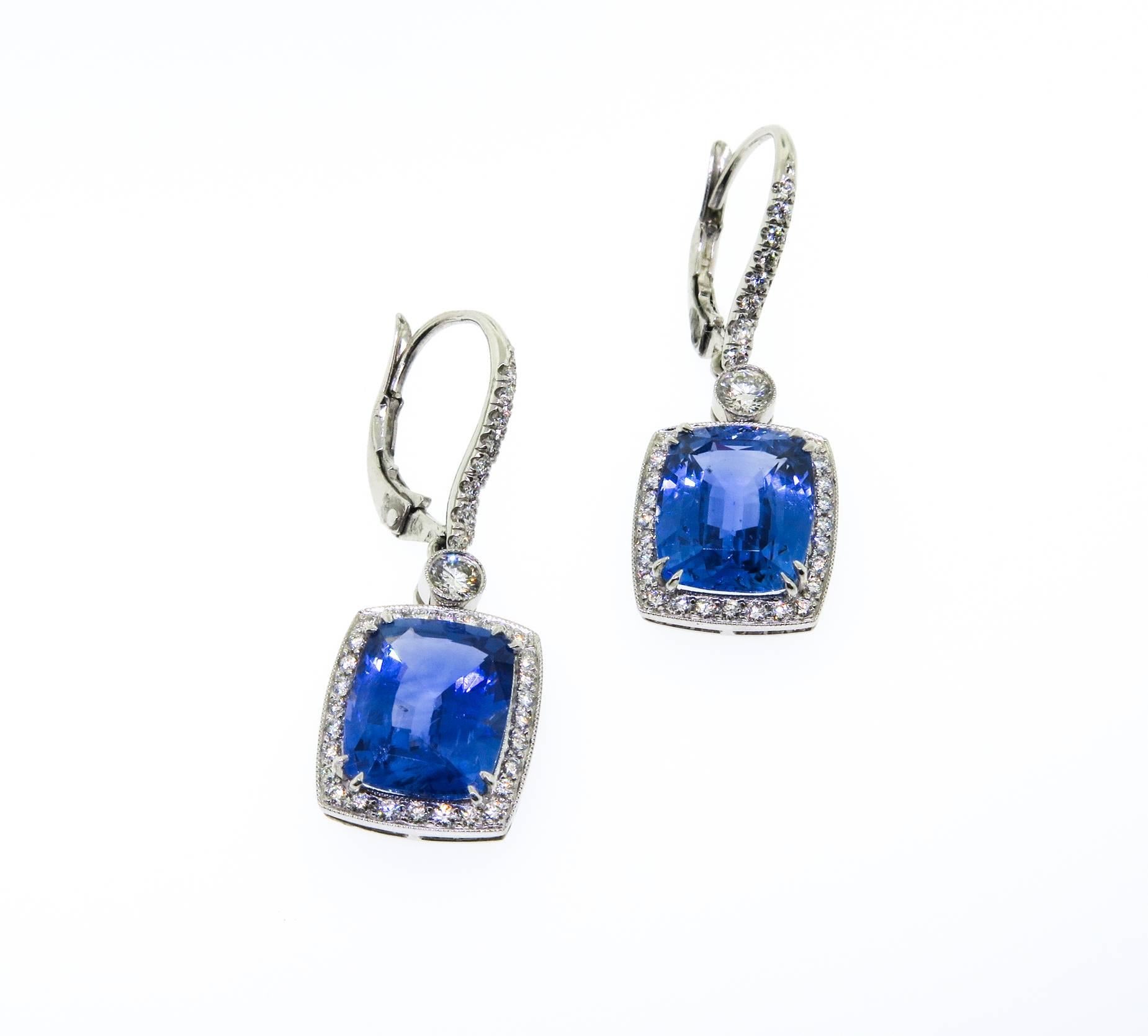 Cushion Cut Unheated Ceylon Sapphire Diamond Platinum Drop Earrings In Excellent Condition In Greenwich, CT
